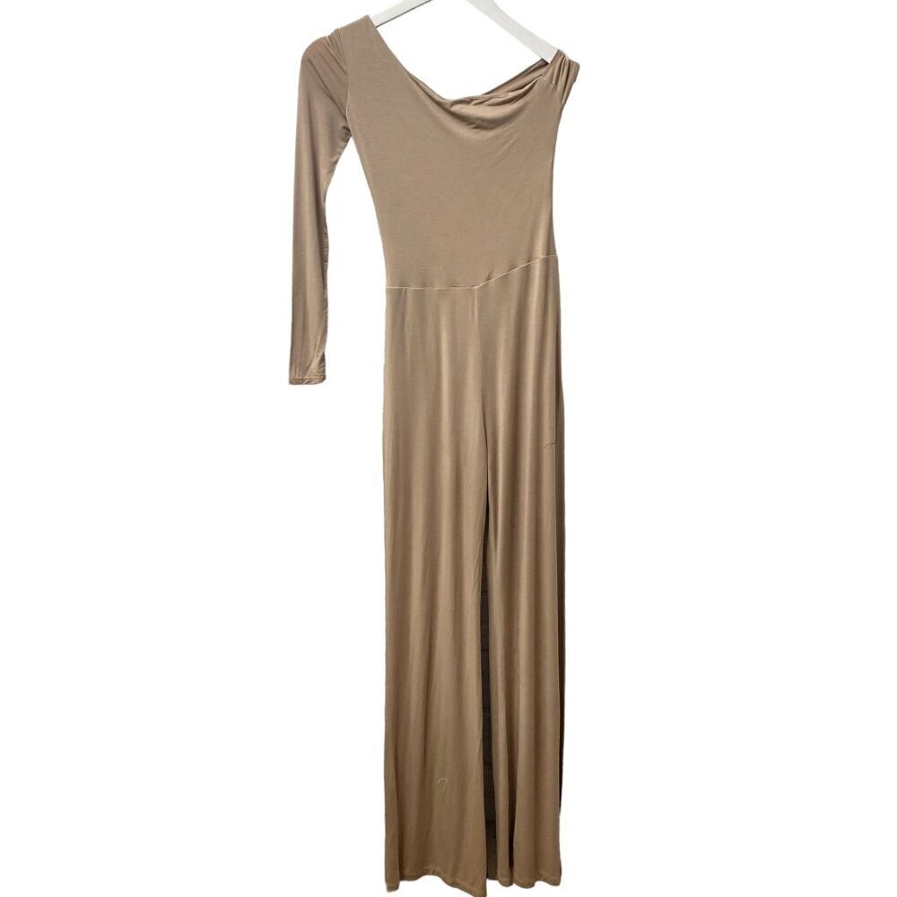 DIOSA Jumpsuit Size Medium Stretch Knit Beige High Slit One Shoulder Cut out